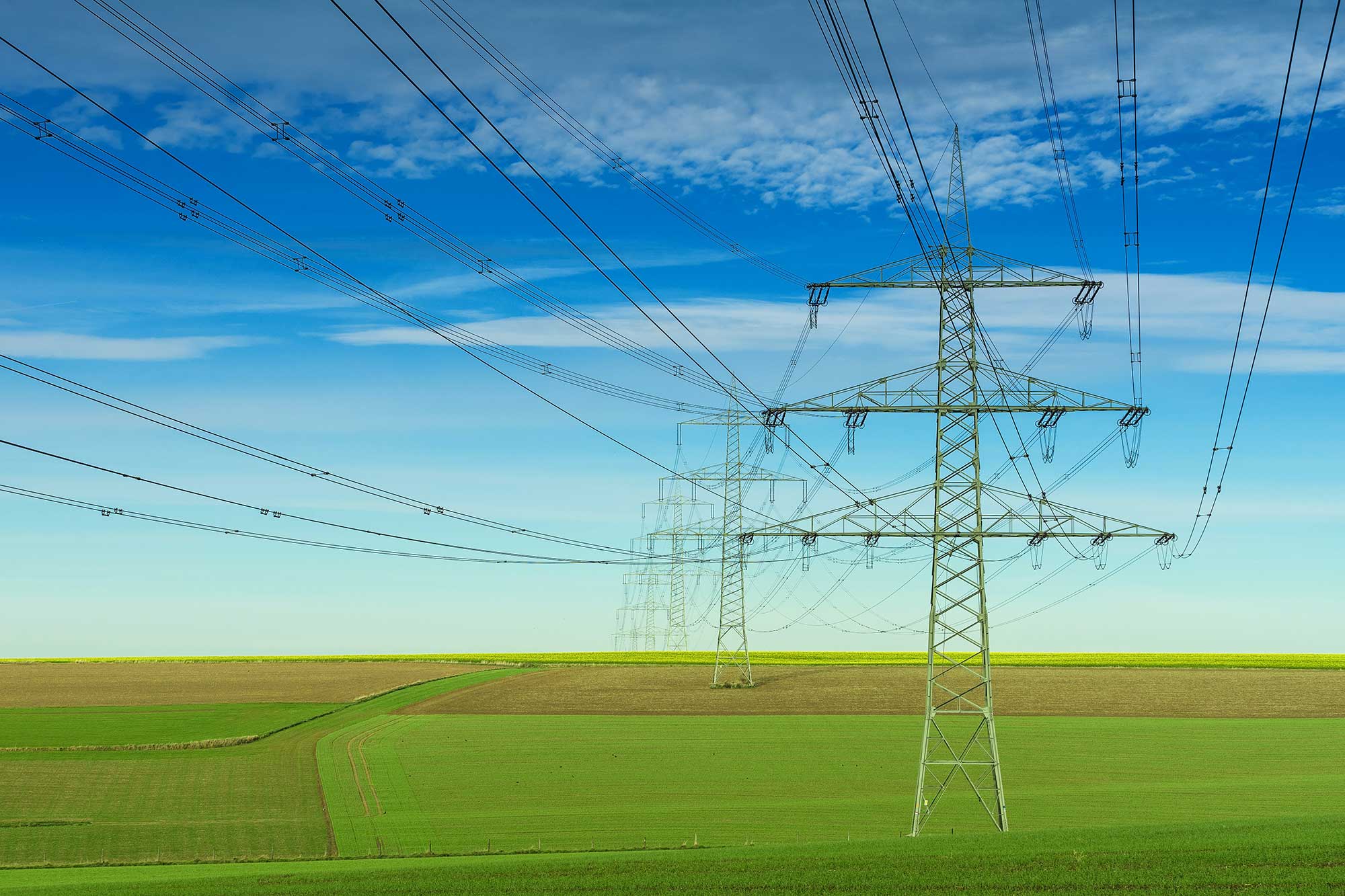 Ligne électrique dans un vaste champ vert